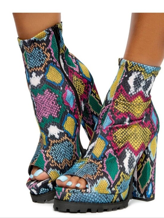 Liliana Shoes - Liliana Multicolor Snake-Print Peep-Toe Block Heel Booties